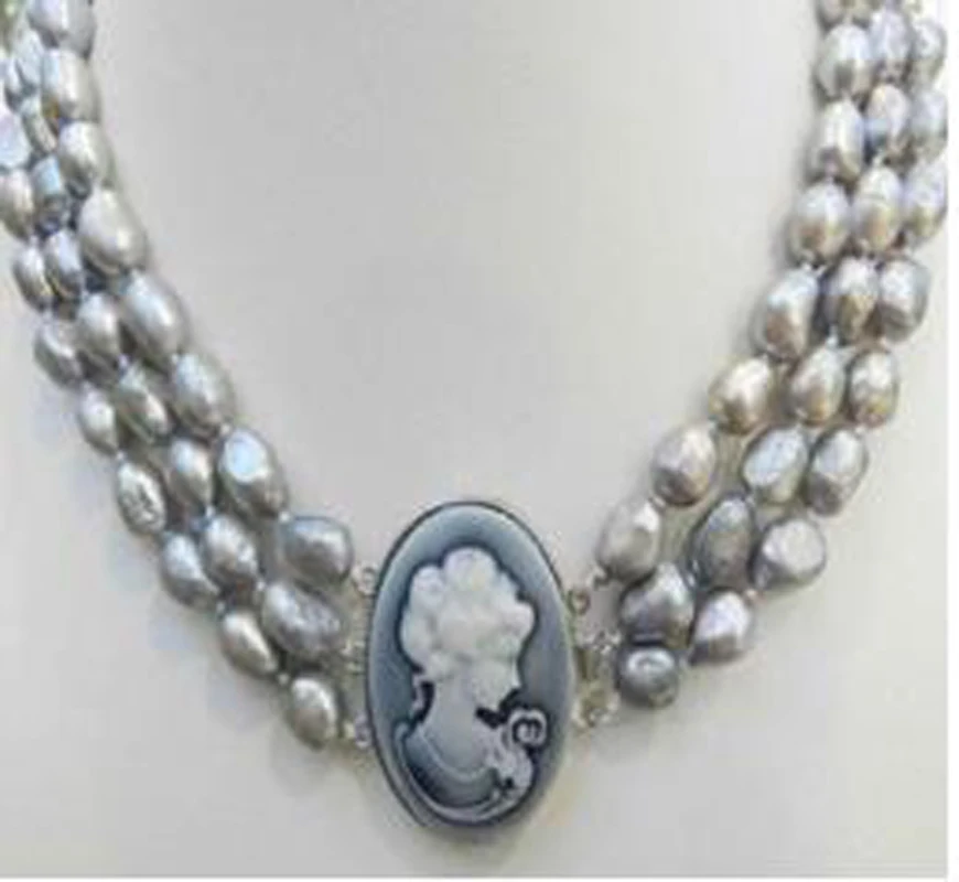 

3 ROWS 9-10MM SILVER GRAY Freshwater CULTURED PEARL NECKLACE 17-19