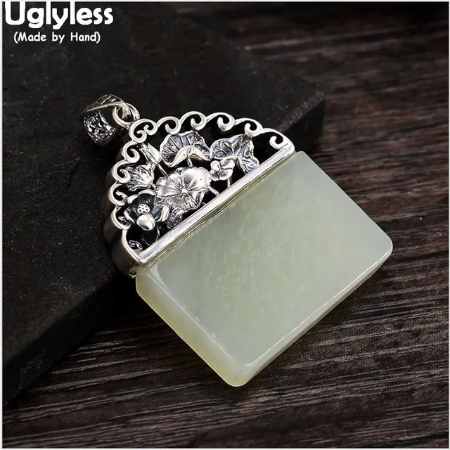 Uglyless Real 925 Sterling Silver Natural Square Jade Pendant without