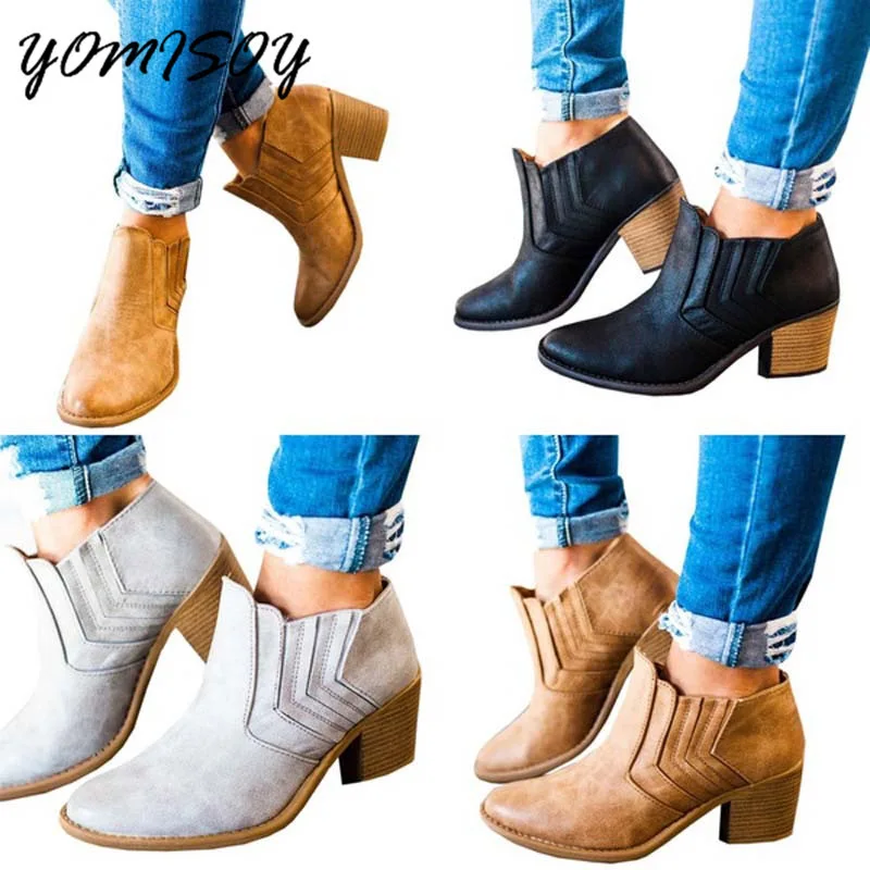 Kopen Lente Herfst vrouwen Pompen Mode Westerse Chelsea Ronde Teen Gestapeld Blok Chunky Heel Enkel Schoenen