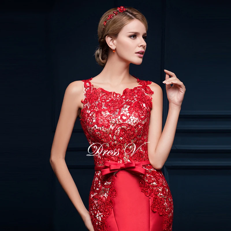 Dressv длинное вечернее платье русалки с аппликацией и бантом, красное вечернее платье без рукавов, современное вечернее платье русалки