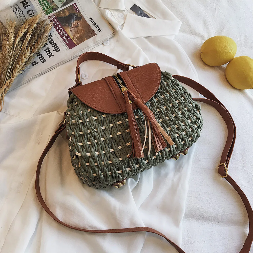Women's Handbag Vintage Ethnic Style Hand-knitted Elegant Saddle Bag Tassel Straw Bag Shoulder Diagonal Bags Beach Bag