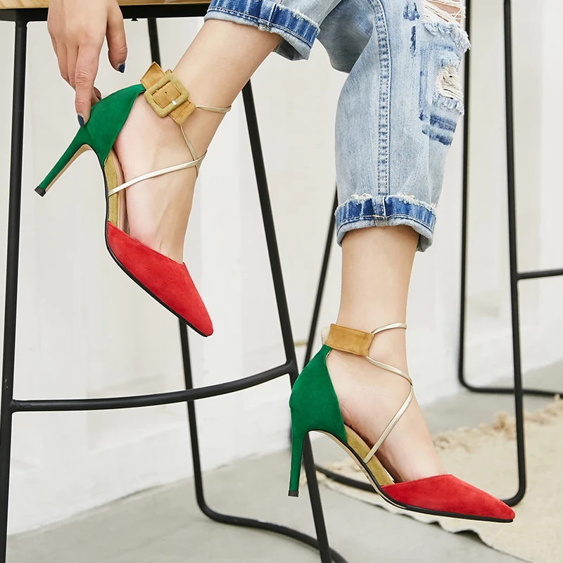 

Baotou high-heeled sandals pointed sheep anti-skin stiletto color matching women's shoes buckle cross lace-up women's shoes