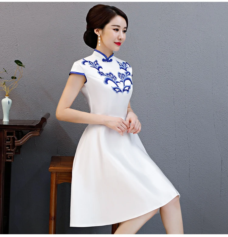 

S-4XL White Short Cheongsam Vintage Chinese style Dress Womans Mini Qipao Slim Party Dresses Button Vestido Plus Size