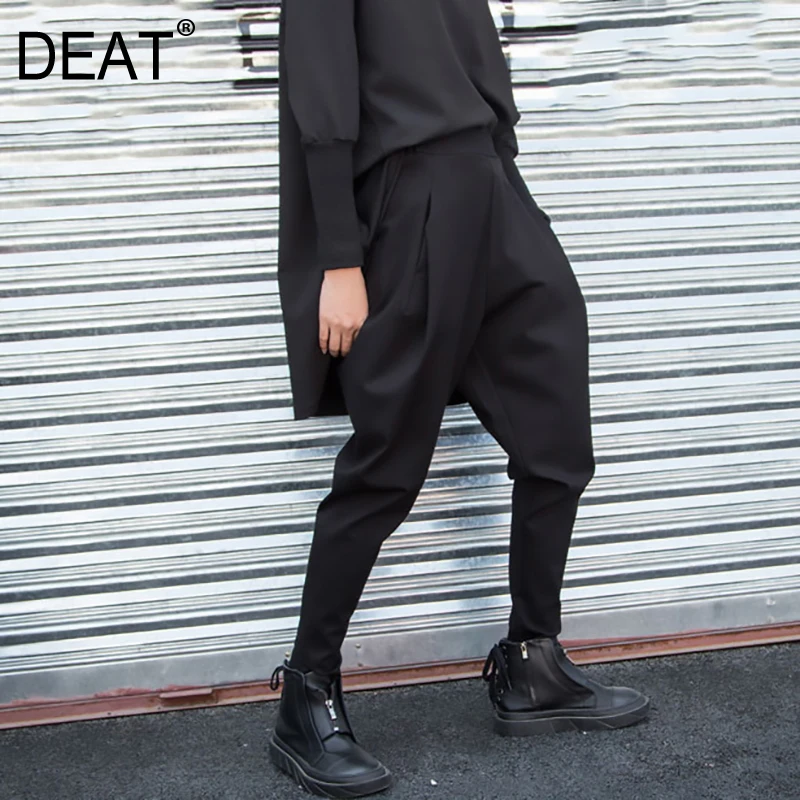 

[DEAT] 2019 New Spring Summer High Elastic Waist Black Pocket Stitch Pleated Loose Harem Pants Women Trousers Fashion Tide JR47