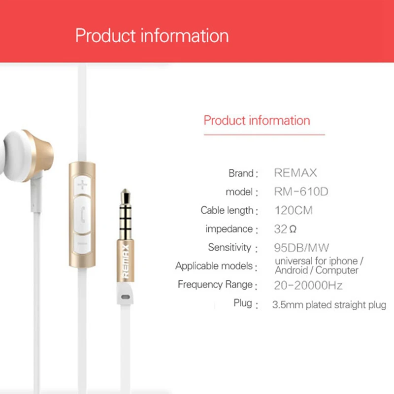 Remax Rm 610d 3 5mm Plug Earphone In Line Control Stereo Headsets In Ear Earphone HiFi Headset with Microphone for Phone