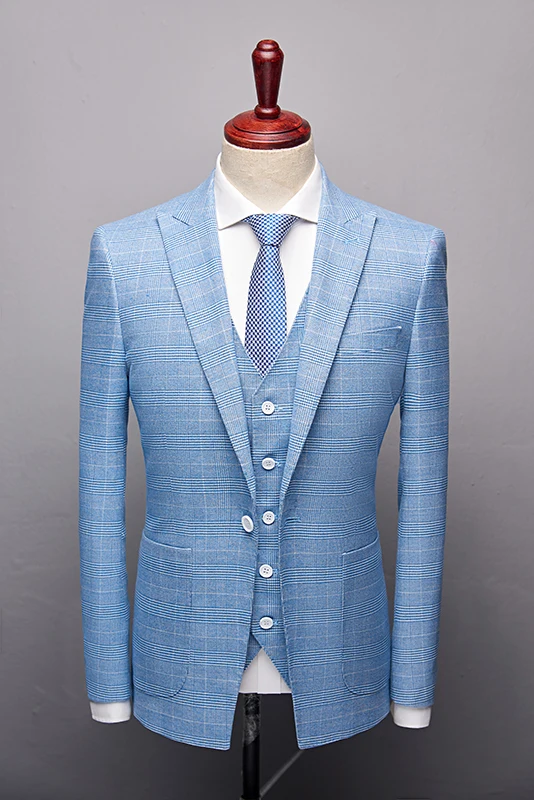 Fashion Blue Boutique High quality Mens Wedding suit Formal Suits 3 Pieces Wedding Groom Tuxedos Prom Slim Fit Light plaid suits