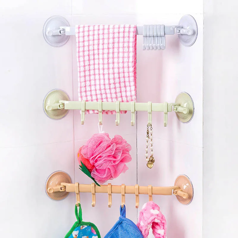 Plastic Suction Cup Towel Bar with Hooks Bathroom Holder Towel Rack