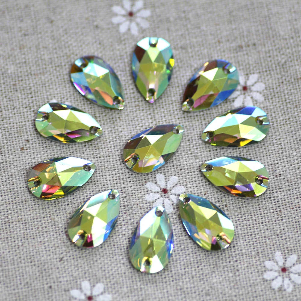 100pcs 10.5*18mm Green AB Sew on Rhinestones Waterdrop Resin Silver