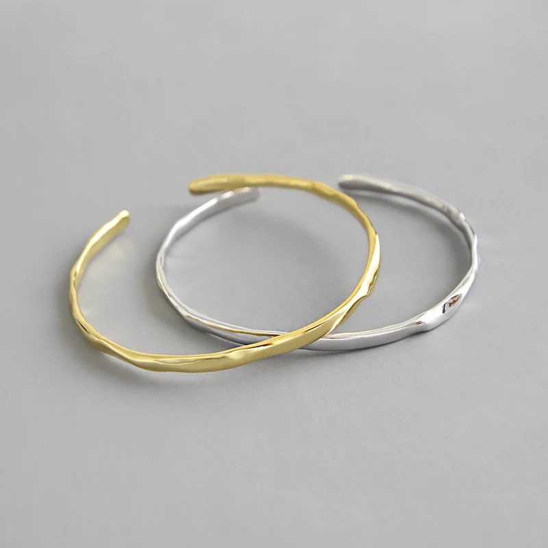 

100% 925 Sterling Silver Bangles For Women 2019 Fashion Gold Irregular Surface Round Bangle Bracelet Jewelry brazalete mujer