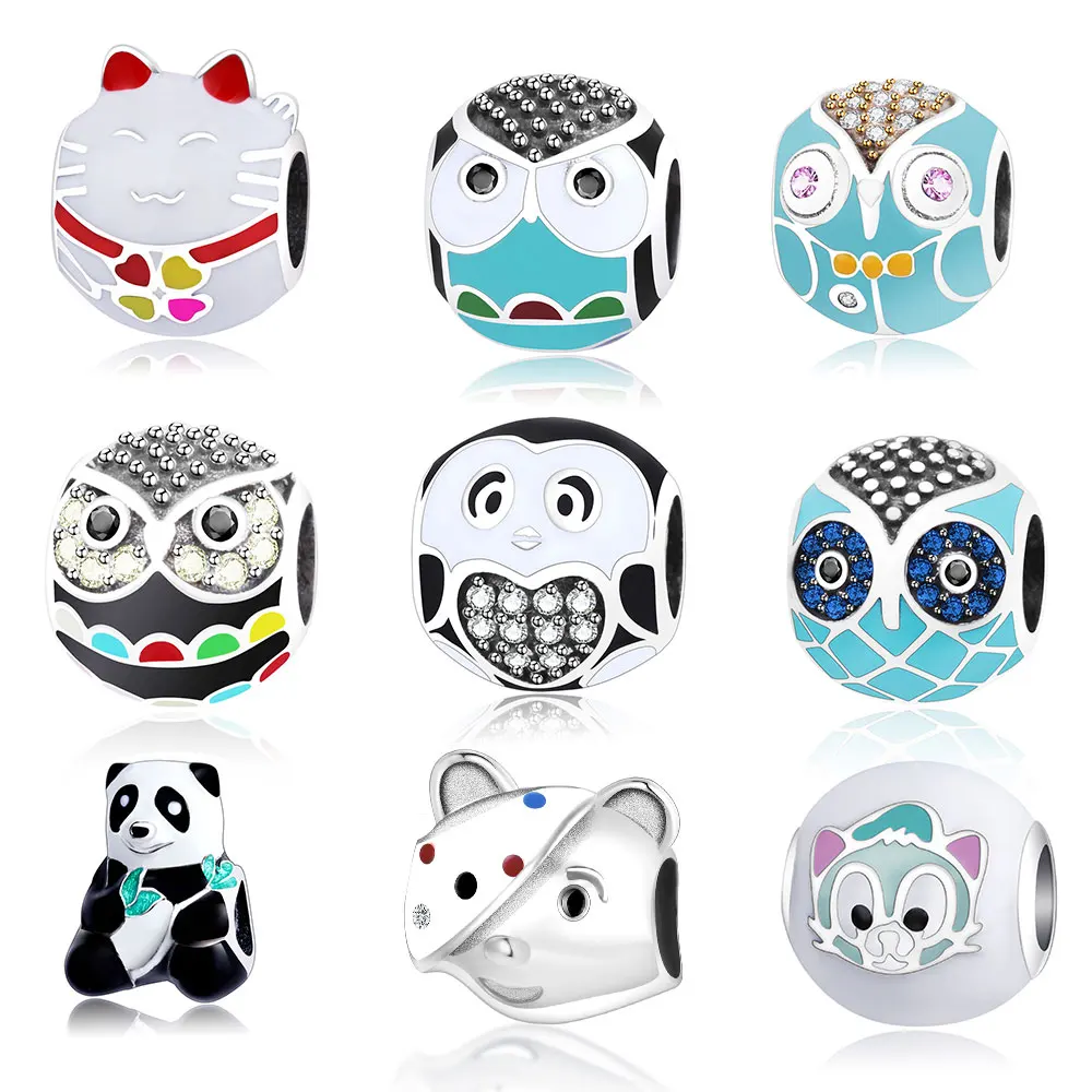 

High Quality Animal Cat Owl Enamel Cartoo Jewelry 925 Sterling Silver Bead Fit Original Pandora Charm Bracelet DIY Gift Berloque