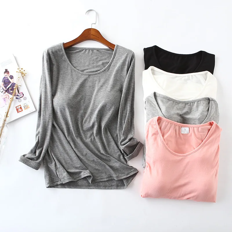 Womens top Modal long sleeve O-neck t shirt all match tee pink gray white t shirt women bts Tops