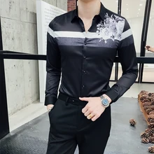 Новая Осенняя черная рубашка мужская мода рубашка с принтом розы мужские полосатые рубашки с длинными рукавами для мужчин повседневная приталенная блузка Homme 3XL