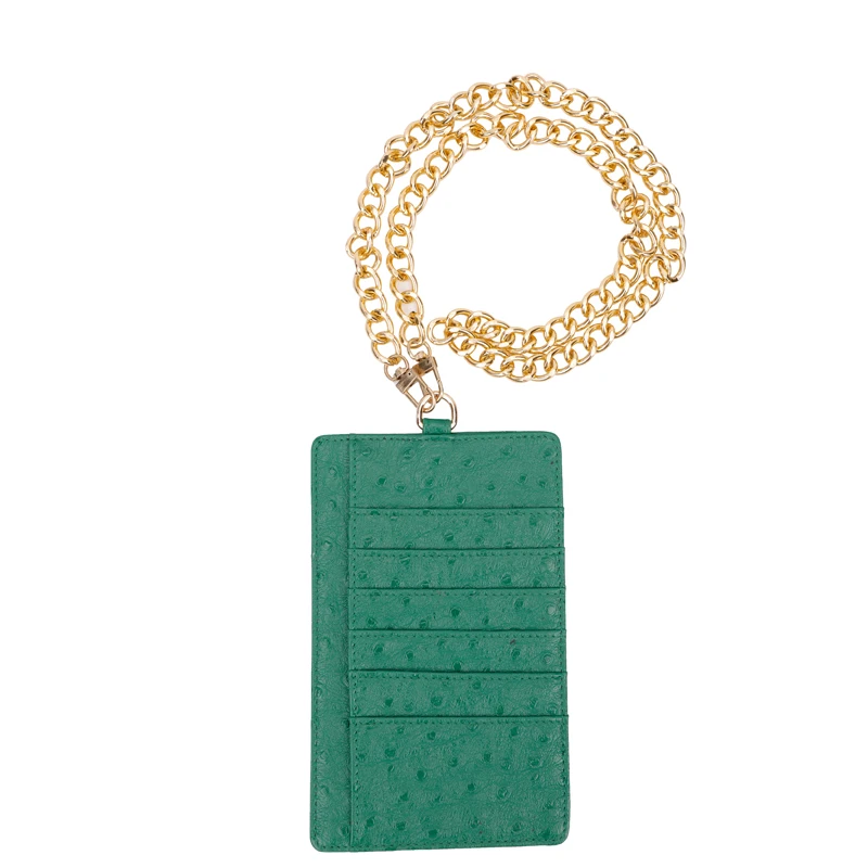 

Fashion Women Wallet Genuine Leather Card Holder High Quality Ostrich Grain Green Mobile Phone Bag Card Bag Big Chain Women Bags