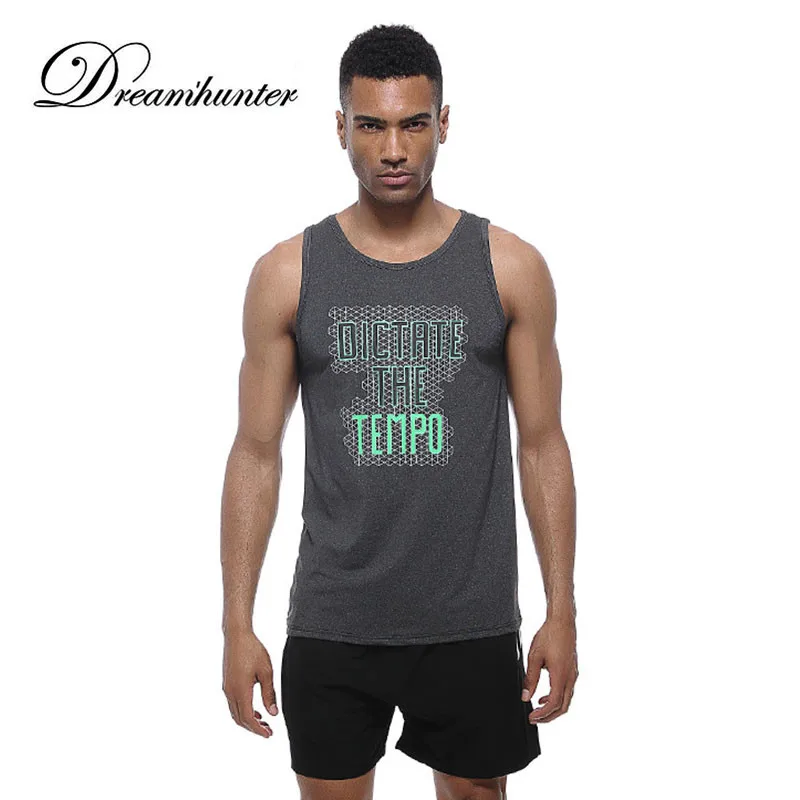 Summer Men's crop Tank Top Men Quick Dry Flexible Tops Gray Printed