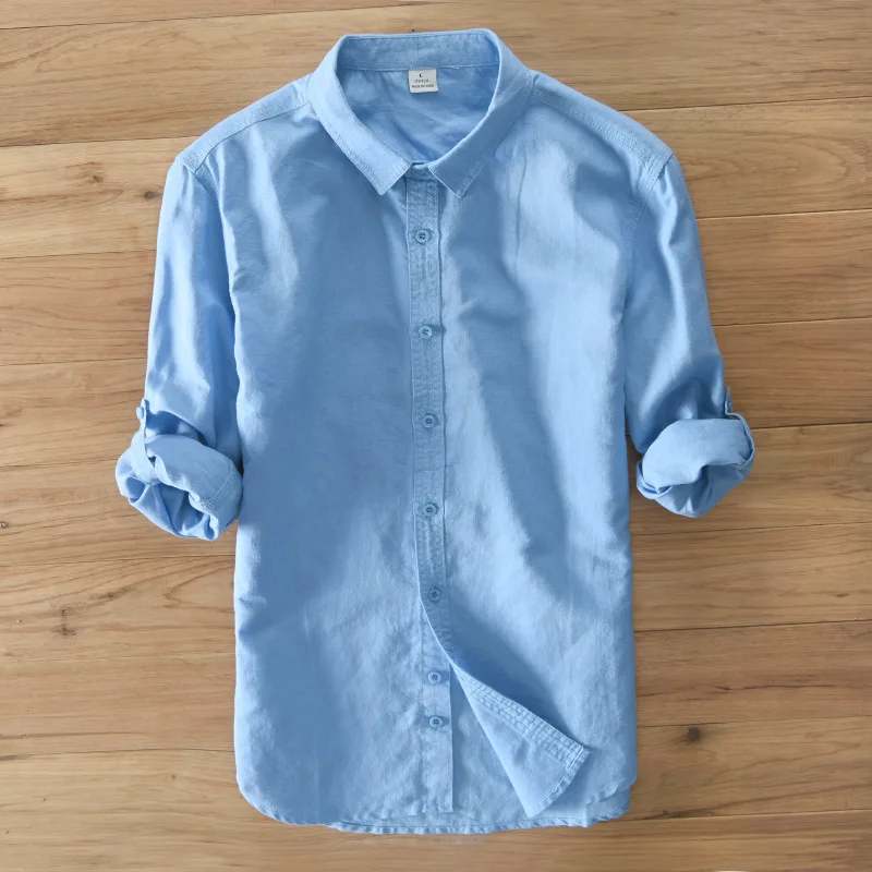 Новинка весны, разноцветные мужские облегающие рубашки с длинным рукавом, дышащие льняные рубашки высокого качества для мужчин - Цвет: blue