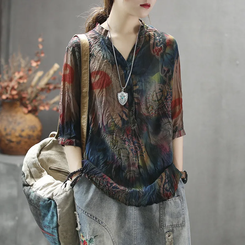 silk blouses Max LuLu Summer Korean Fashion Ladies Linen Tops And Blouses Womens Printed V Neck Chiffon Shirts Casual Vintage Cotton Clothes womens blouses Blouses & Shirts