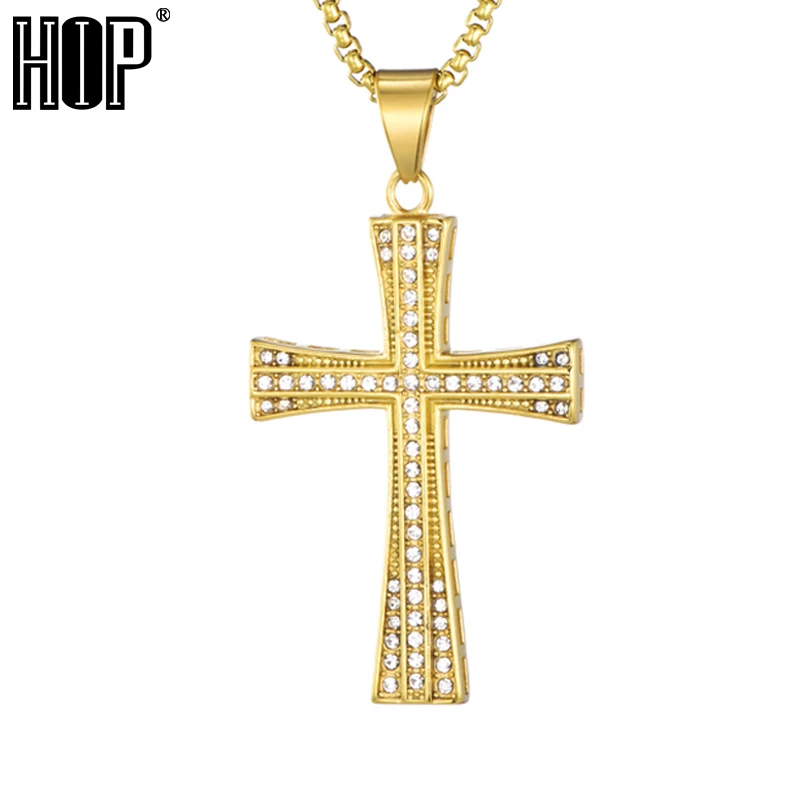 

HIP Hop Stainless Steel Cross Pendant Necklace Gold Color Iced Out Bling Rhinestone Crucifix Collier For Men