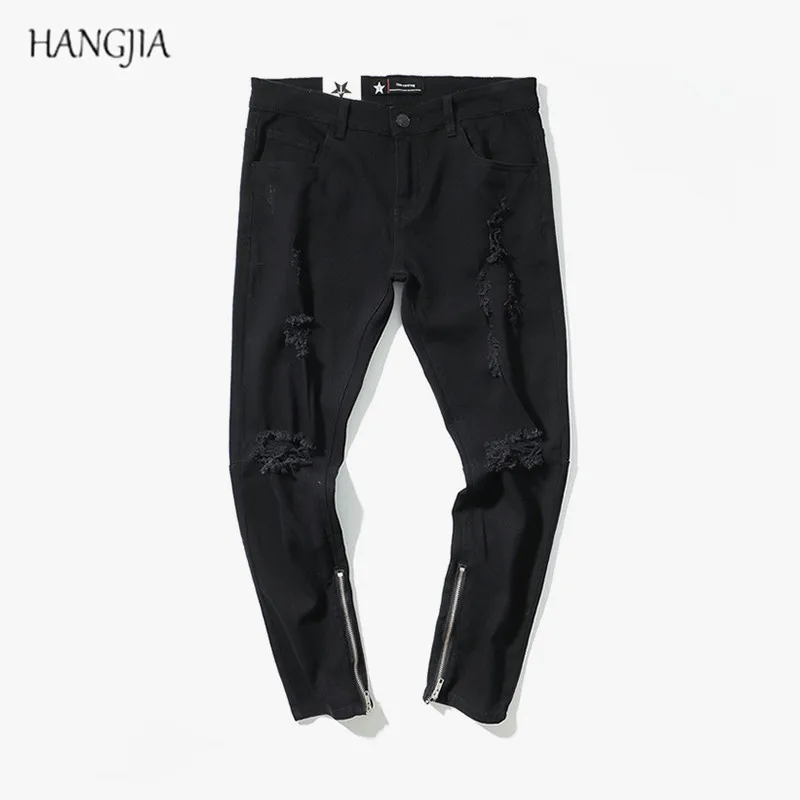 Men's Washed Destroyed Jeans New Streetwear Black Distressed Hole Ankle Zipper Skinny Denim Pants Straight Slim Fit Biker Jeans