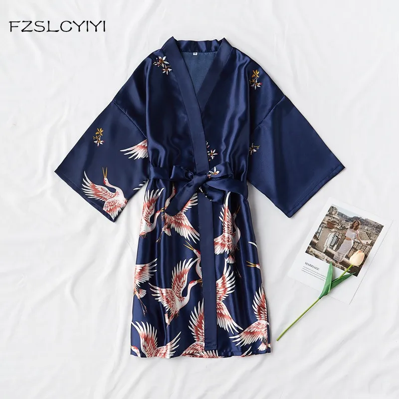 

FZSLCYIYI Summer Women Mini Kimono Bath Gown Bride Bridesmaid Wedding Robe Rayon Sleepwear Print Nightgown Yukata Night Dress