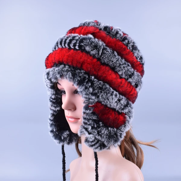 Raglaido, зимние меховые шапки для женщин, вязаная шапка из меха кролика рекс с шариковыми ушками, повседневные женские шапки, шапочки, LQ11194 - Цвет: grey red