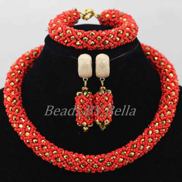Presente de Natal Conjunto de Jóias Atacado Feminino Contas Africano Vermelho Casamento Nigeriano Trança Colar Cristal Conjuntos Frete Grátis Abf885