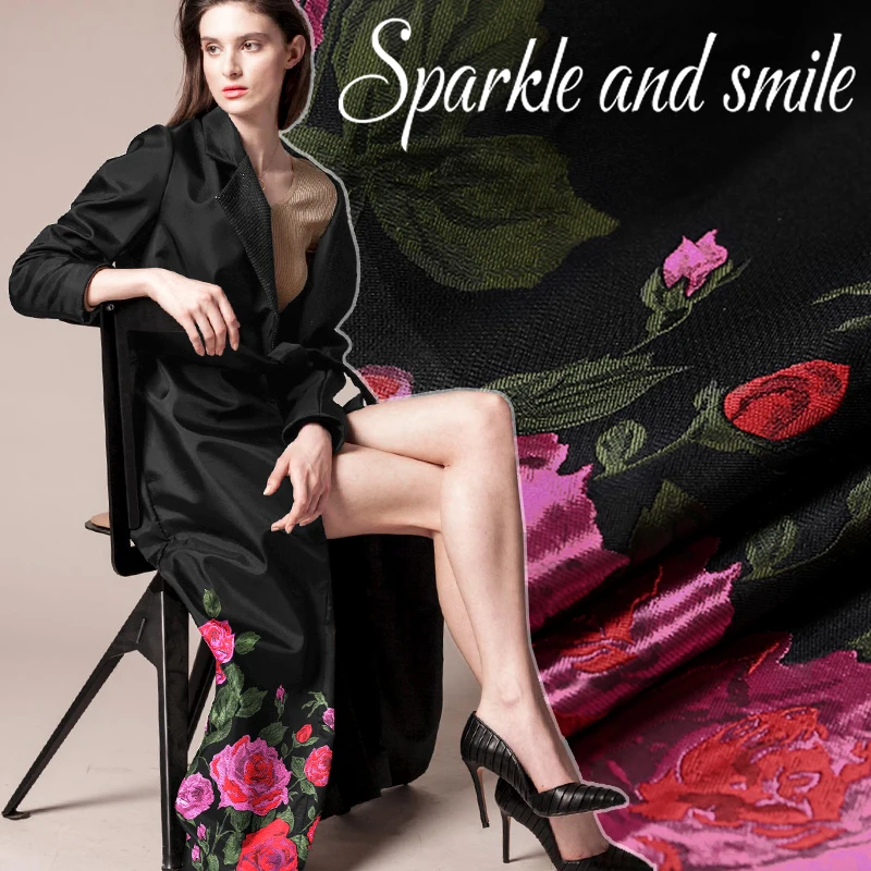170*130 см розовый и красный жаккард Floarl Черный Brocade Ткань для осень-зима одежда