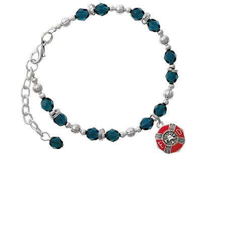 Red Enamel Fire Department Medallion Navy Blue Beaded Bracelet