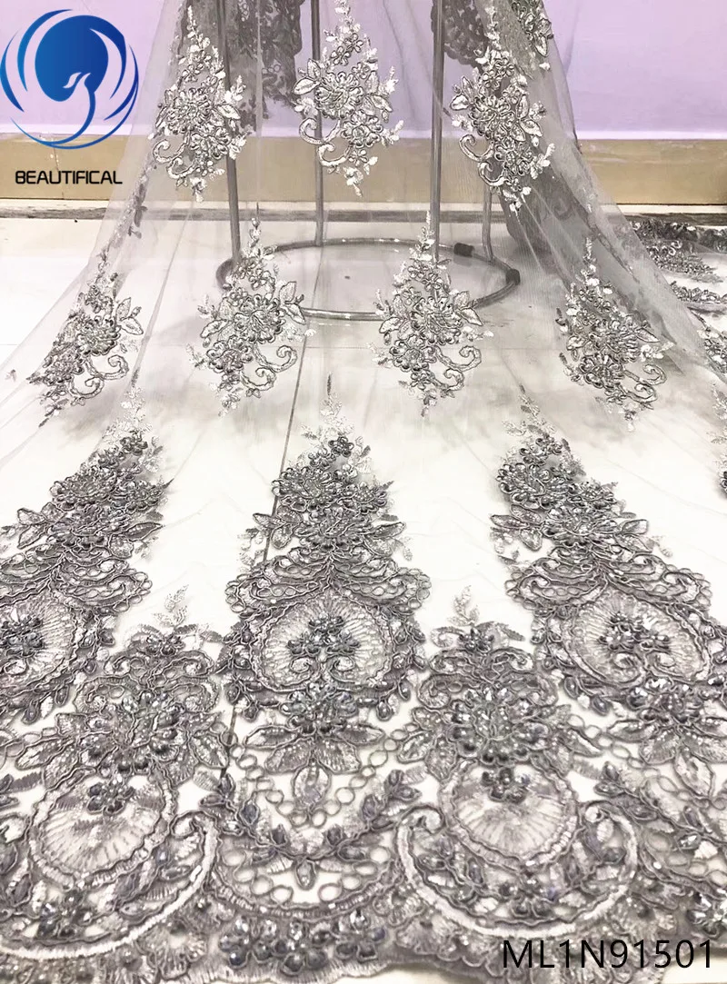 

Beautifical french lace fabrics for wedding New design embroidery net lace with beaded nigerian lace sequins fabric ML1N915