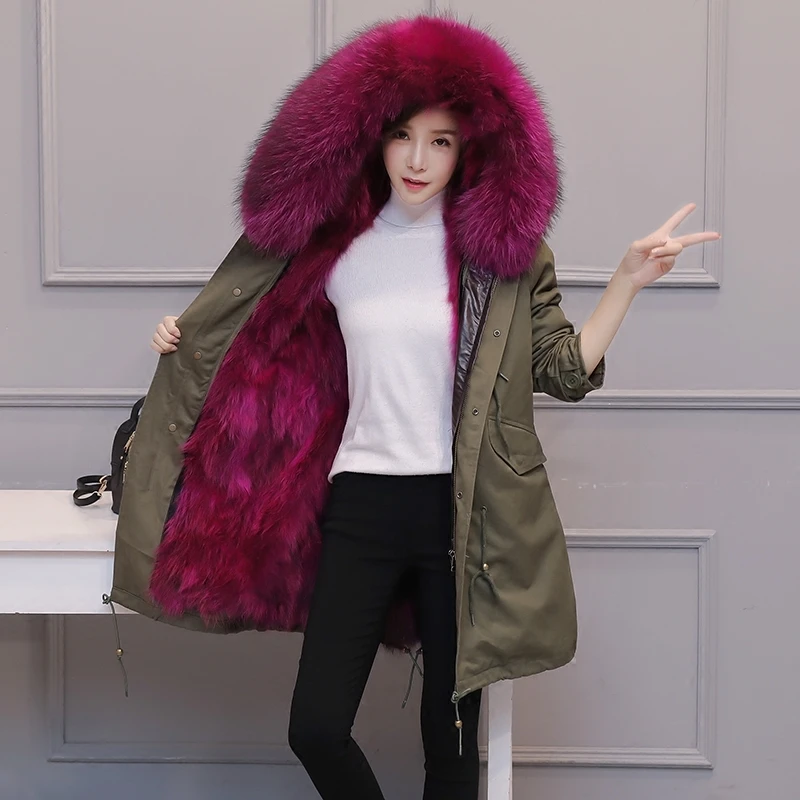 

winter coat women long real fur coat big raccoon Fur collar hooded thick warm detachable lining Parkas Raccoon coat