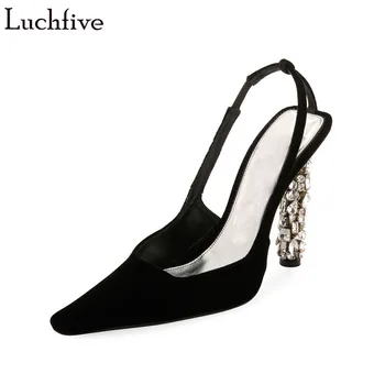 

Luchfive T-Strap Slingback Crystal Pumps Women Runway Pointed Toe Office Casual Sandals Rhinestone Decor Heel Single Shoes Woman