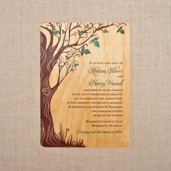 

Green Curly Tree Vertical Wedding Invitation, Rustic Wedding Invitations, Wooden invitation,Laser Cut Wedding Invitations,