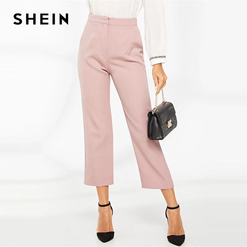 

SHEIN Pink Cropped Solid Tailored Straight Leg Zipper FlyPants 2019 Spring Women Modern Lady Elegant Spring Plain Pants