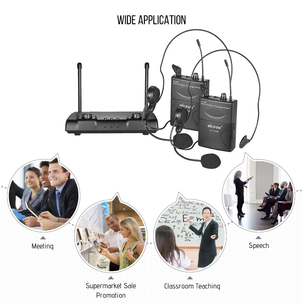 MICPOW W-10 VHF Двухканальный беспроводной микрофон 2 гарнитура микрофон 2 поясной пакет передатчики приемник для классных занятий