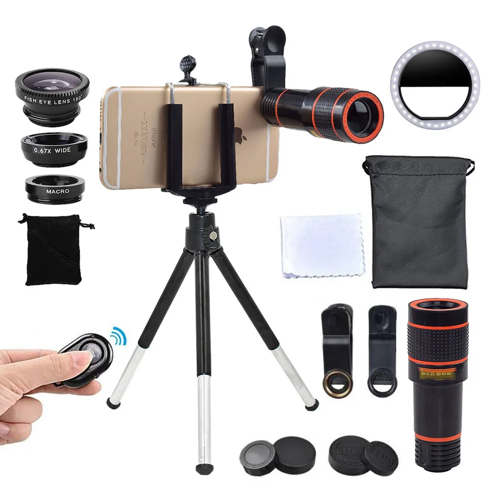 

Camera Kit 12X Zoom Lens for Smartphone Selfie Led Light Ring Flash Lente Phone Telescope Fisheye Macro Lens Tripod