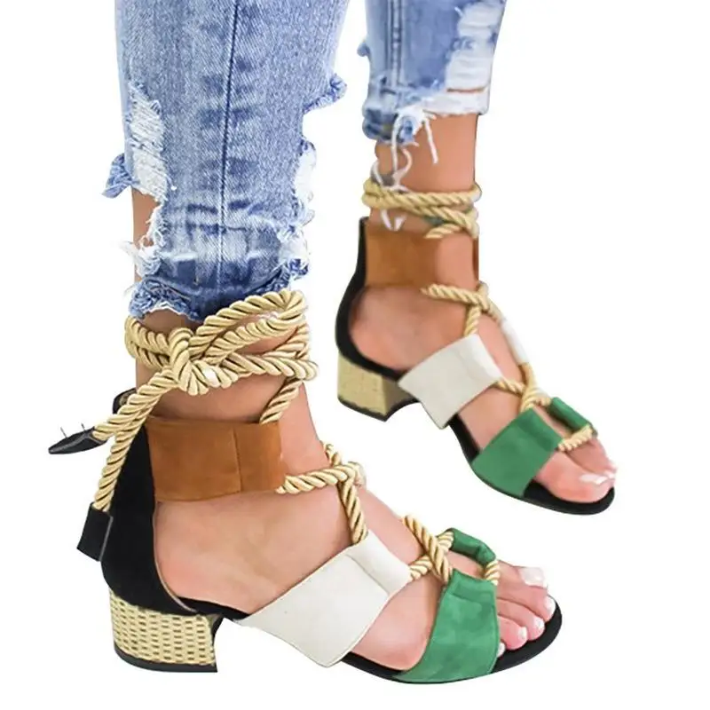 Women Sandals Lace Up Summer Shoes Woman Heels Pointed Fish Mouth Gladiator Pumps Hemp Rope High Knot rope Strap Sexy - Цвет: 695 Black