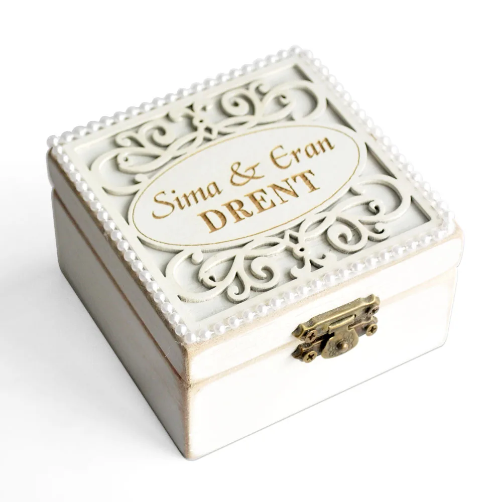

Vintage White Ring Box Personalized Wedding Ring Box Ring Bearer Pillow Engagement Proposal Box Wedding Decor