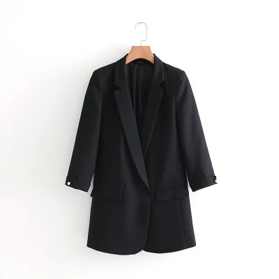 Casual loose women blazer pearl buttons three quarter