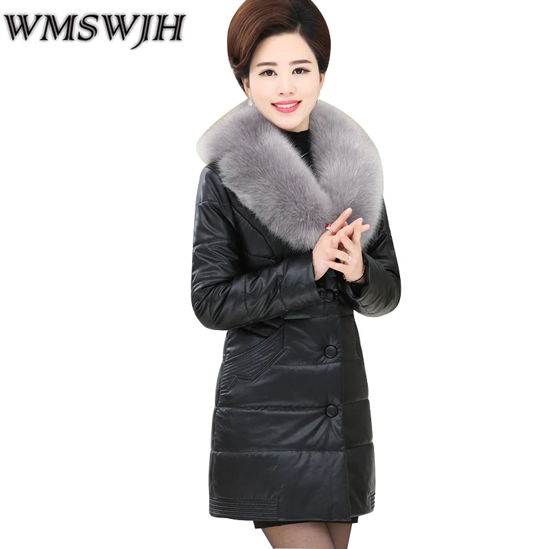 

WMSWJH Female slim Jacket Fashion Women Winter Coat Thick Long Jacket PU lether Parka Womens Quilted fur collar Coat WS291