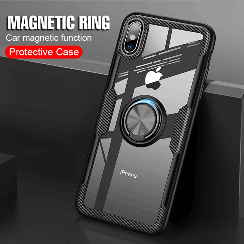 Transparent Crystal Carbon Fiber Armor Cover For iphone x xs max xr 6 7 8 6s Plus 360 Finger Ring Clip Magnetic Car Holder Case