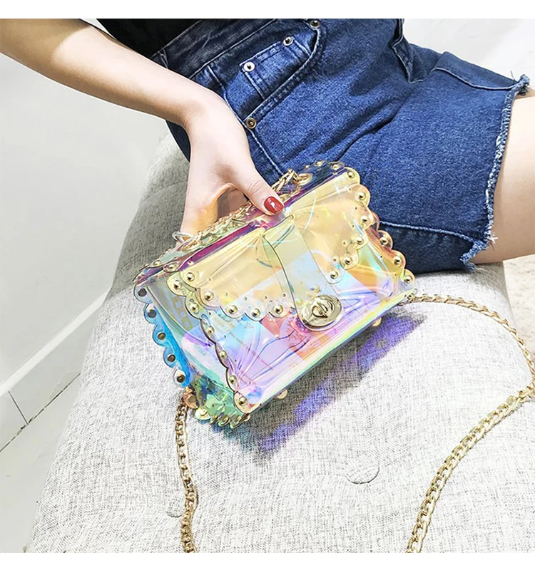 

Casual Pvc Transparent Jelly Laser Bag Women Handbags Mini Rivet Chain Crossbody Bags For Women Chic Shoulder Messenger Bag