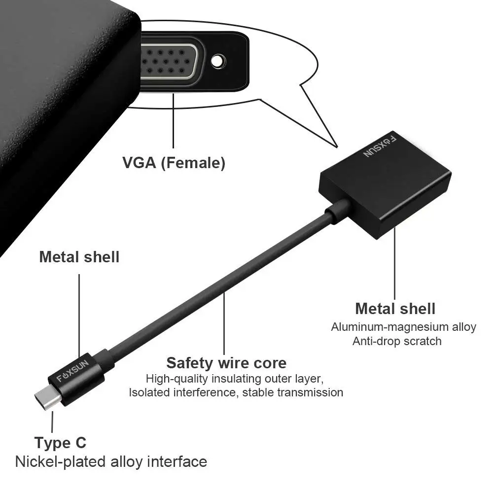 Usb 3.1 نوع c (USB-C) إلى vga محول ، الصاعقة 3 المتوافقة ، محول مع حالة الألومنيوم ل بوك/ماك بوك برو/سامسونج s9