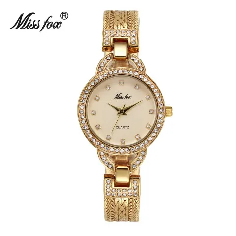 MISSFOX, женские маленькие часы, милые жемчужные раковины C, роскошные женские золотые часы, модные стальные сетчатые стразы, милый стиль, кварцевые часы - Цвет: Gold250