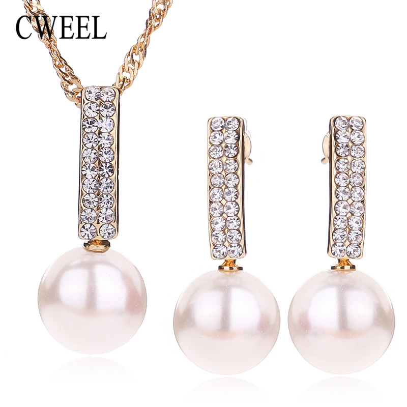 CWEEL Bridal Jewelry Sets For Women Simulated Pearl Pendant Necklace Wedding Imitated Crystal Drop Earrings Platinum Gold Plated