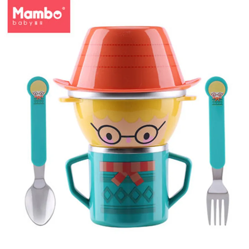 Cartoon Child Plate Tableware Dishware Dinnerware Set Stainless steel Infant Food Bowl Cup Feeding Dinner Fork Spoon for Kids