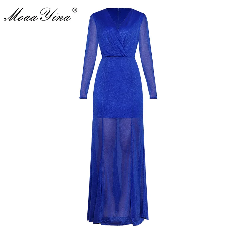 

MoaaYina Fashion Designer Runway dress Spring Summer Women Dress V-neck Long sleeve Slim Package buttocks Party Elegant Dresses