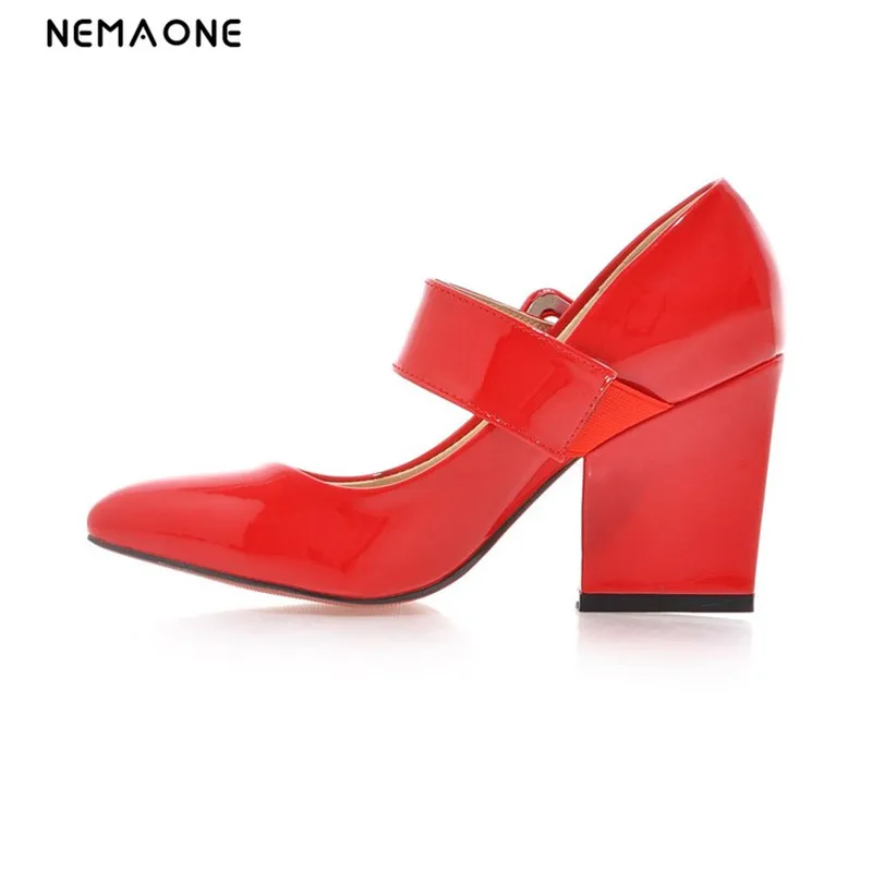 

NEMAONE Sexy Patend Leather High Heels New Platform Pumps Pointed Toe Square Heels Wedding Shoes Woman 4 Colors Size big 35-43