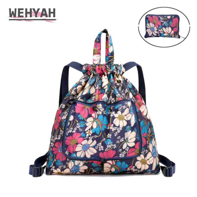 Wehyah Drawstring Backpack Pouch Printed Foldable Nylon Shopping Bags for Women Drawstring Bags Storage Bagpack School