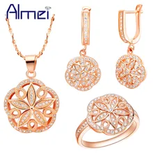 Almei розовое золото Цвет Ювелирные наборы Lady Jewellery CZ Циркон Свадебные кольца Цепочки и ожерелья серьги Для женщин Круглый с цветком Кристалл T144