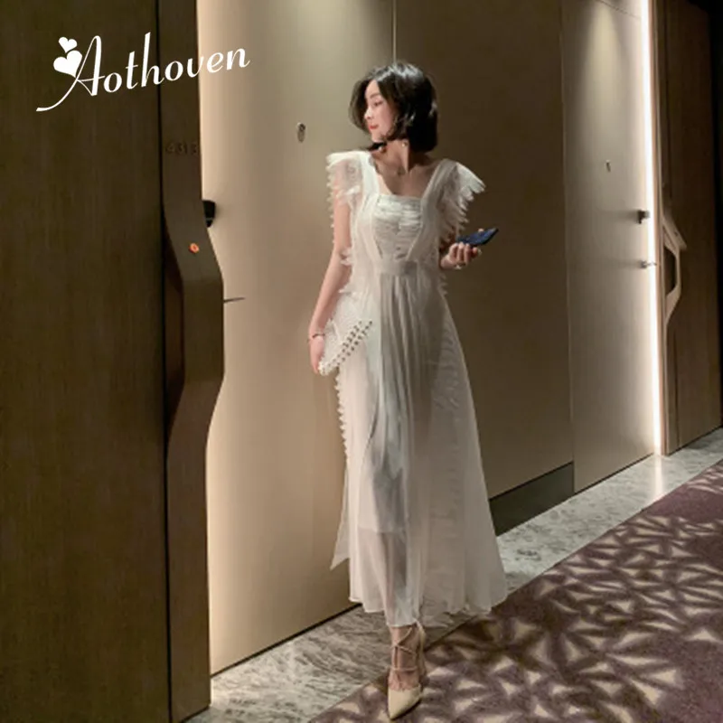 Летнее элегантное белое шифоновое кружевное платье с квадратным вырезом платья с короткими рукавами Для женщин офисные пикантные вечерние женские Maxi Dress Vestidos - Цвет: Белый