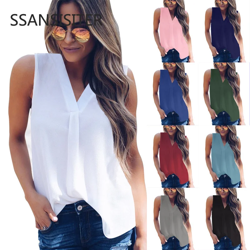 

Plus Szie Sleeveless Chiffon Women Tank Summer Lady Office OL Style Solid ButtonTop Vest Casual Loose Female Tank Top S-5XL